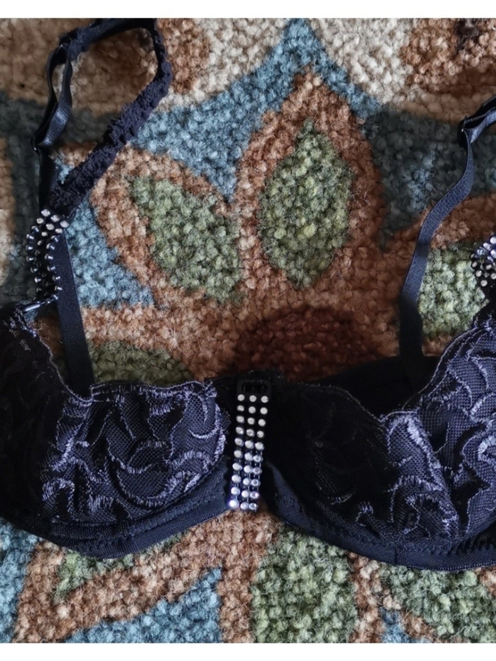 Rene Rofe Black Lace Underwire Bra with Rhinestone Center